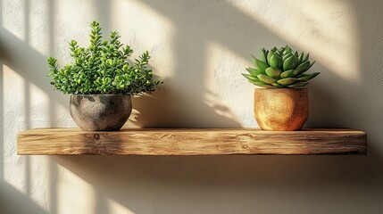 Two potted succulents on a wooden shelf with soft lighting and shadows.