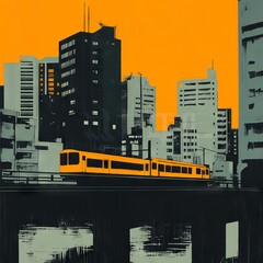 Obraz premium A stylized urban scene featuring a yellow train against a stark orange background.
