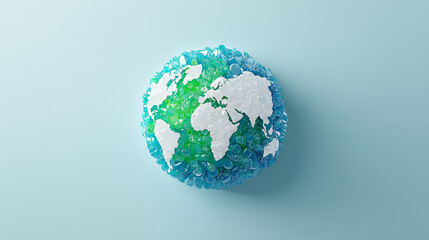 Globe made from plastic waste highlights environmental pollution, plastic waste crisis, recycling, sustainability, global responsibility, and environmental conservation awareness.