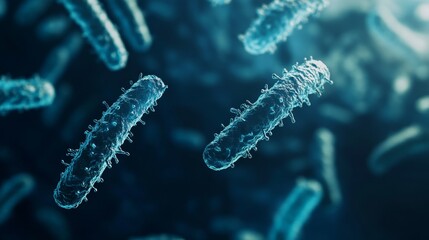 Fototapeta premium Blue bacterial cells with a unique textured exterior floating in a dark environment, representing the natural beauty and complexity of microscopic life forms.