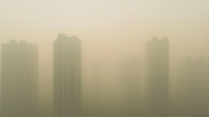 Fototapeta premium Cityscape obscured by dense smog with tall buildings in the distance