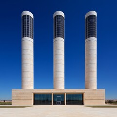 Three tall cylindrical structures against a clear blue sky.
