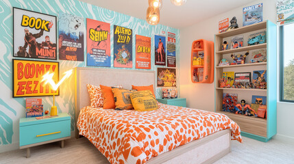 Vibrant comic-inspired kids bedroom with colorful decor and superhero posters