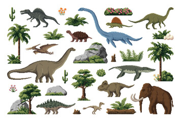 Prehistoric 8 bit pixel art dinosaurs for game assets, vector lizards and dino animals. Jurassic park or ice age prehistoric arcade video game assets of pixel mammoth, pterodactyl and reptile dinosaur