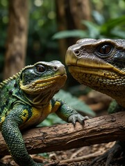 Fototapeta premium Tropical reptile house featuring snakes, lizards, and turtles in naturalistic habitats.