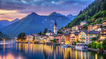 Naklejka premium Scenic Mountain Village by the Lake at Dusk