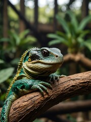 Obraz premium Tropical reptile house featuring snakes, lizards, and turtles in naturalistic habitats.