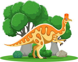 Cartoon dinosaur or prehistoric lizard Corythosaurus for kids dino toys, vector character. Funny prehistoric dinosaur Corythosaurus of Jurassic, Cretaceous or Mesozoic era extinct lizard animals