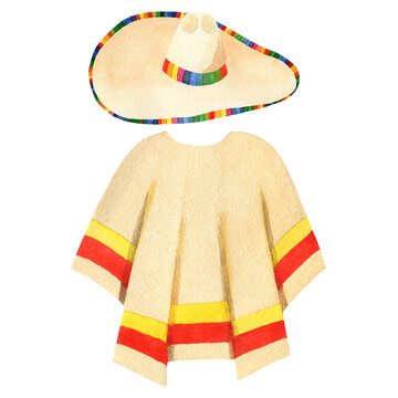 recommend clip art: Mexican poncho and sombrero isolated on a white background. Watercolor costume illustration. Fiesta object. National male accessory clipart.