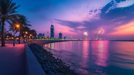 Enjoy dazzling fireworks on the stunning Jeddah corniche, right by the Formula 1 race track in Saudi Arabia.