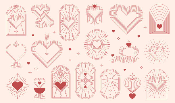 Boho Valentine celestial and mystic icons, esoteric symbols of heart and arrows in arch frames. Vector line boho Valentine love hearts, stars, moon and sun with abstract geometric aesthetic pattern