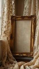 Vintage gold Victorian frame mockup surrounded by lace curtains and natural light.