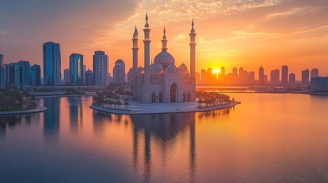 Enjoy the stunning sunset at the new Sharjah Mosque. Its beautiful design and architecture make it a must-see in Dubai.