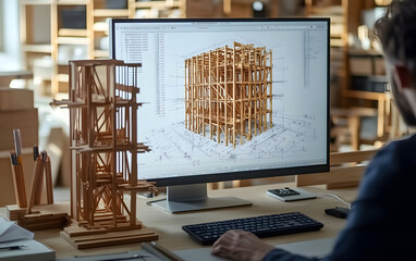 Architect working structural calculations for wooden residential, commercial, and industrial buildings. Detailed 3D models of wooden structures on a computer screen, blueprints, technical drawings