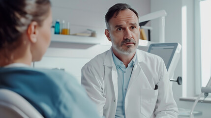 Fototapeta premium Experienced doctor consulting a patient, offering a comforting presence in a modern medical office, highlighting professionalism and empathy.