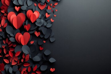 Colorful paper hearts and leaves arranged on black, showcasing love and creativity