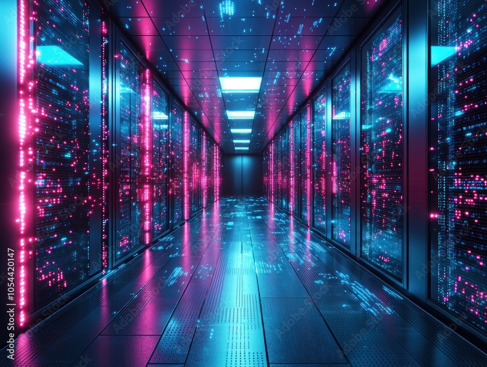 Poster neon-lit server room corridor with glowing data racks