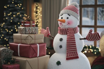 A snowman with a red scarf and hat stands in a cozy living room with a stack of Christmas presents.