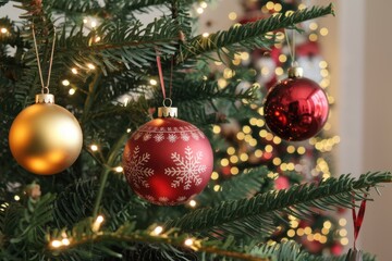 Fototapeta premium Christmas tree adorned with red and gold ornaments twinkling lights.