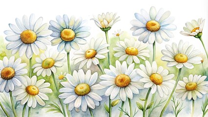 Fototapeta premium watercolor daisy clipart with white petals and yellow centers, panoramic view