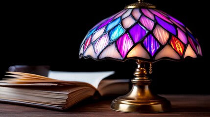 A colorful stained glass lamp illuminates an open book on a wooden table.