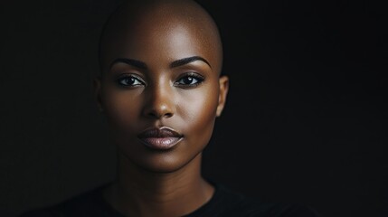 Fototapeta premium Portrait of a dark-skinned woman suffering from cancer after severe hair loss due to chemotherapy treatment