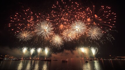 Fototapeta premium Fireworks light up the night sky over the Chao Phraya River in Bangkok, Thailand, as people celebrate New Year's Day.