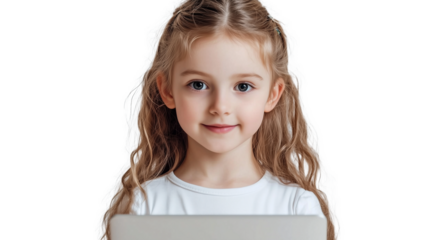 The girl holds a tablet in her hands and looks straight. Isolated on a transparent background.