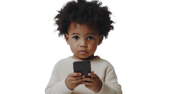 A dark-skinned boy with a smartphone in his hands. Isolated on a transparent background.