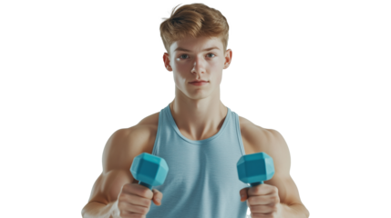 A young sports guy with dumbbells in his hands on a transparent background.