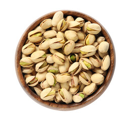 Tasty pistachio nuts in bowl isolated on white, top view