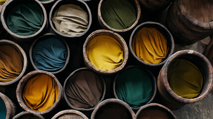 Top View of Natural Dye Pots  and Textured Surface