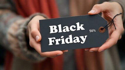 person holding a black tag with the text "Black Friday 50% OFF," indicating a significant discount for Black Friday sales