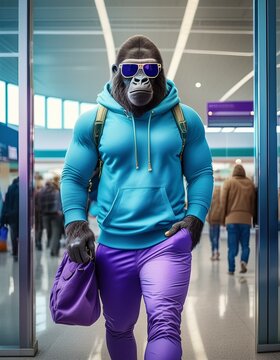 Bodybuilder gorilla passing through the airport terminal while wearing a blue hoodie and purple relaxed pants