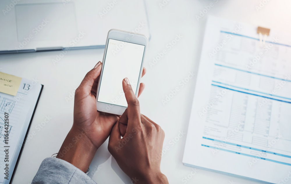 Aufkleber office, data and hands of woman with phone screen, mockup and financial planning online. erp, busine