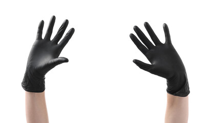 Man wearing black latex gloves on white background, closeup