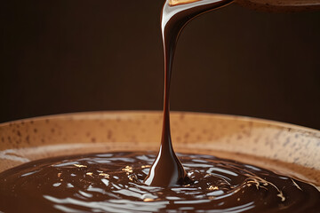 Pouring delicious melted chocolate on brown background, closeup