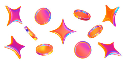 3d neon or holographic sparkle stars and coin set. Stock vector illustration on isolated background.