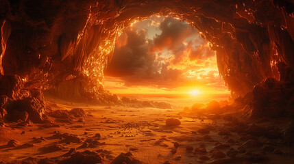 Majestic sunset view from inside a rocky cave, with glowing golden sky and rugged terrain in the...