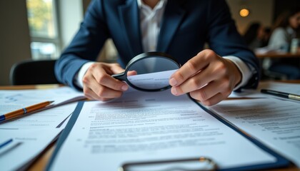 Businessperson examining documents with magnifying glass