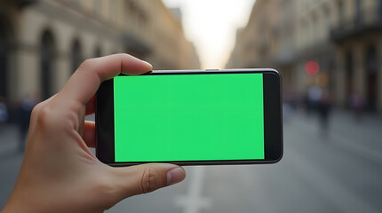 Hand holding smartphone with green screen on blurred background of street.