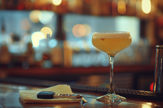 A sophisticated cocktail placed on a bar counter next to car keys, suggesting a reminder of responsible drinking in a relaxed evening setting.