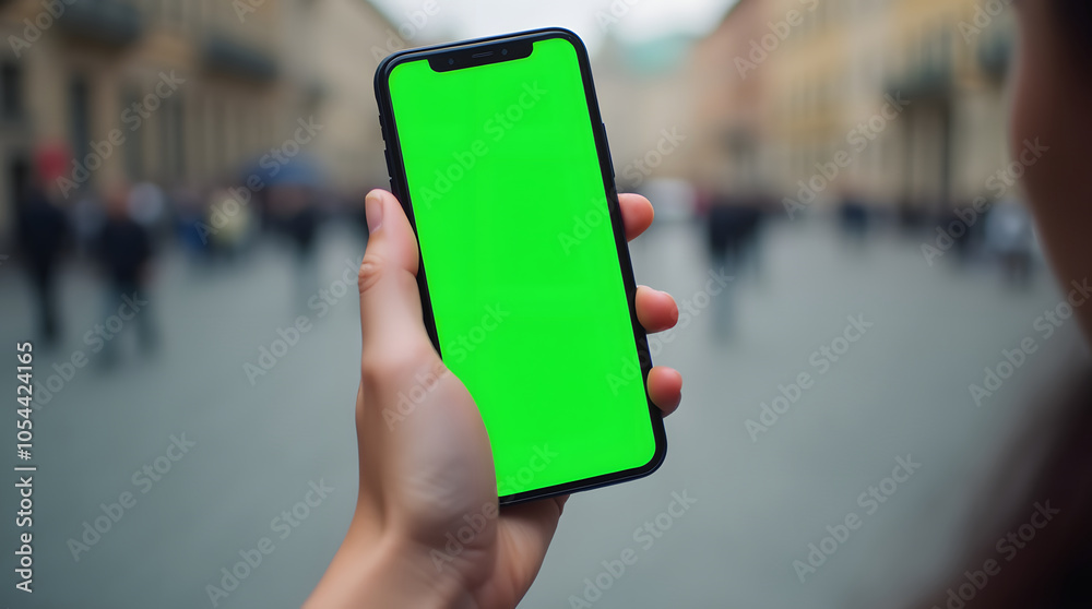 Wall mural hand holding smartphone with green screen on blurred background of street.