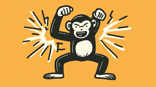 A bold monkey strikes a powerful pose with electric effects on a vibrant orange background.