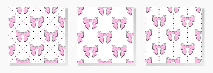 Pink bows of ribbons on white dotted background. Vector seamless patterns collection. Best for textile, print, wrapping paper, package and festive decoration.