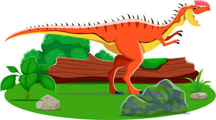Dinosaur prehistoric character or cartoon Jurassic dino Monolophosaurus, vector giant lizard. Jurassic era dinosaur Monolophosaurus with spikes on back and roaring in forest park for kids paleontology