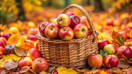 Freshly harvested cider apples in a rustic woven basket, showcasing vibrant hues of red, green, and yellow, set against a warm autumn backdrop, capturing the essence of the harvest season and the joy.
