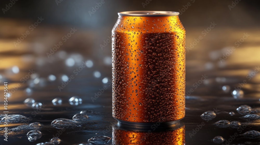 Aufkleber A close-up view of a cold, condensation-covered beverage can resting on a reflective surface, surrounded by droplets, creating a refreshing and inviting atmosphere on a warm day.