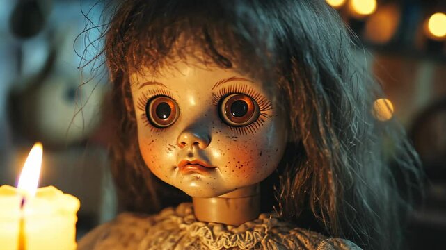 A porcelain doll with large eyes stares intently into the distance as a candle burns brightly nearby