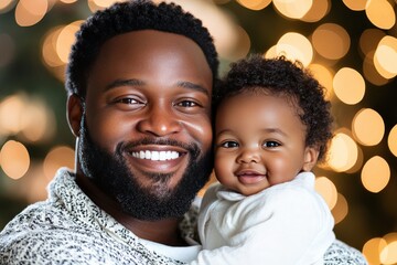 Father and baby smiling in a warmly lit setting with bokeh lights conveying joy connection and family warmth in an intimate loving environment